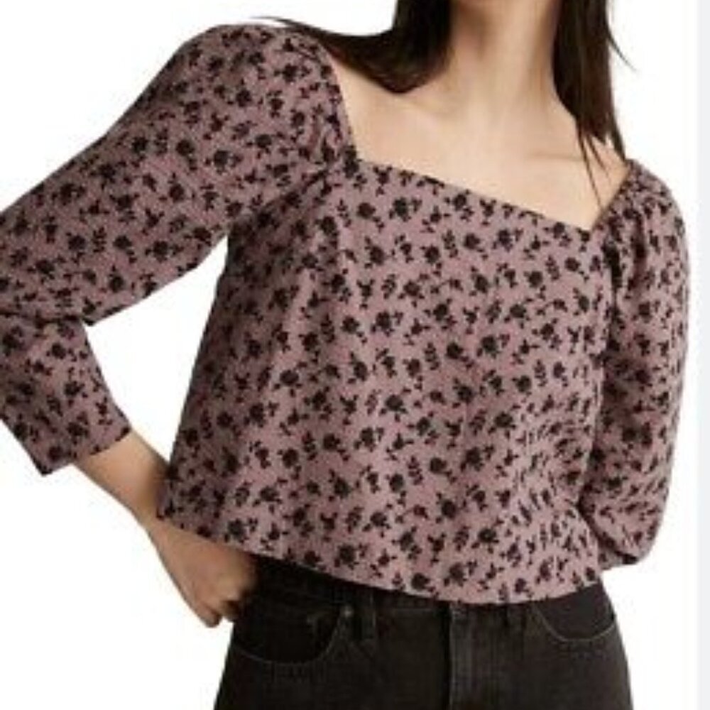 Madewell Purple Black Floral Seesucker Peasant Top
